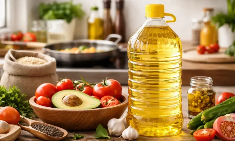 زيت طبخ للاستخدام اليومي في المطبخ العائلي مع مكونات طهي أساسية