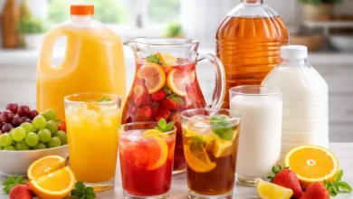 تشكيلة مشروبات عائلية متنوعة بعِبوات وأكواب مختلفة على طاولة منزلية في السعودية