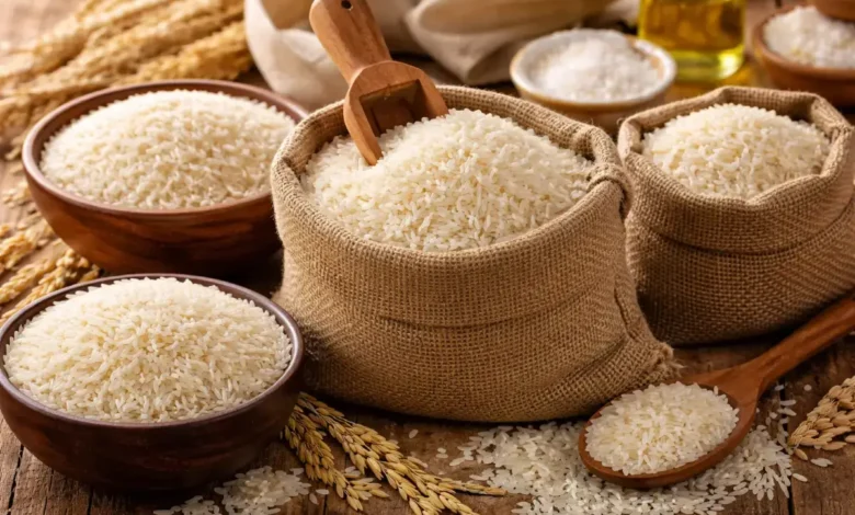 أرز أبيض غير مطبوخ موضوع في أكياس وأوعية على سطح خشبي