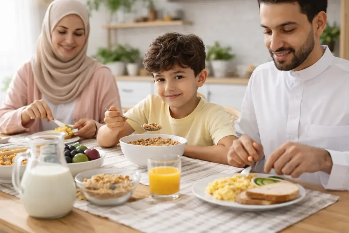 مائدة إفطار عائلية تضم حبوب الإفطار مع أطعمة صباحية أخرى