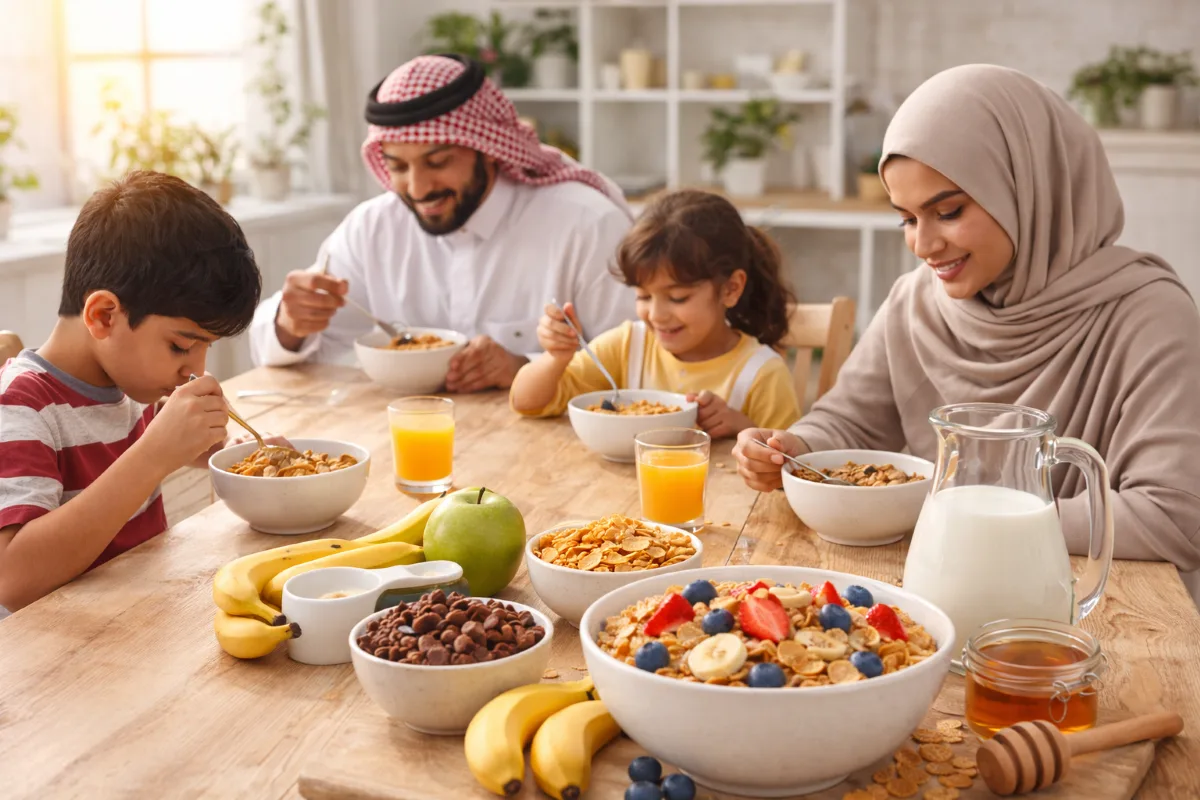 حبوب إفطار على مائدة عائلية في منزل سعودي خلال وقت الإفطار