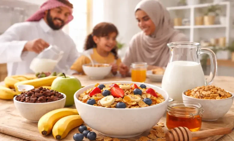 حبوب إفطار مع فواكه طازجة على مائدة إفطار عائلية في المنزل