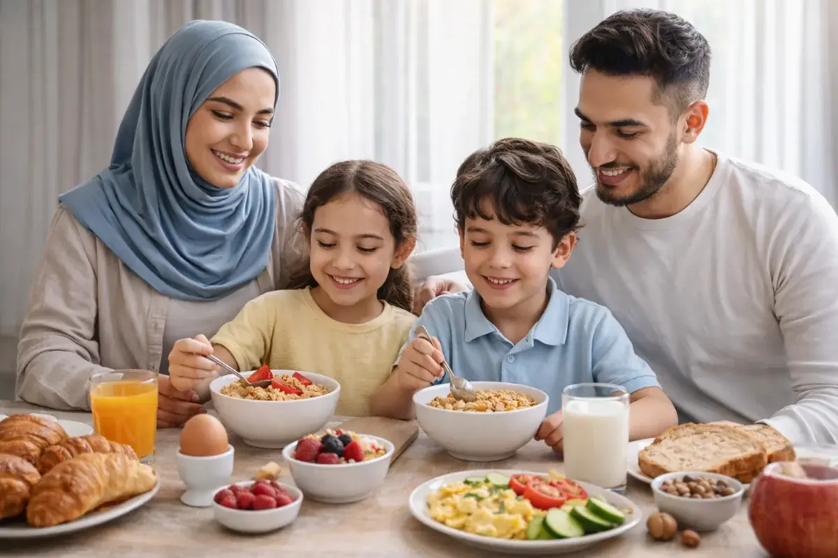عائلة تجتمع على مائدة الإفطار مع اختلاف احتياجات أفرادها