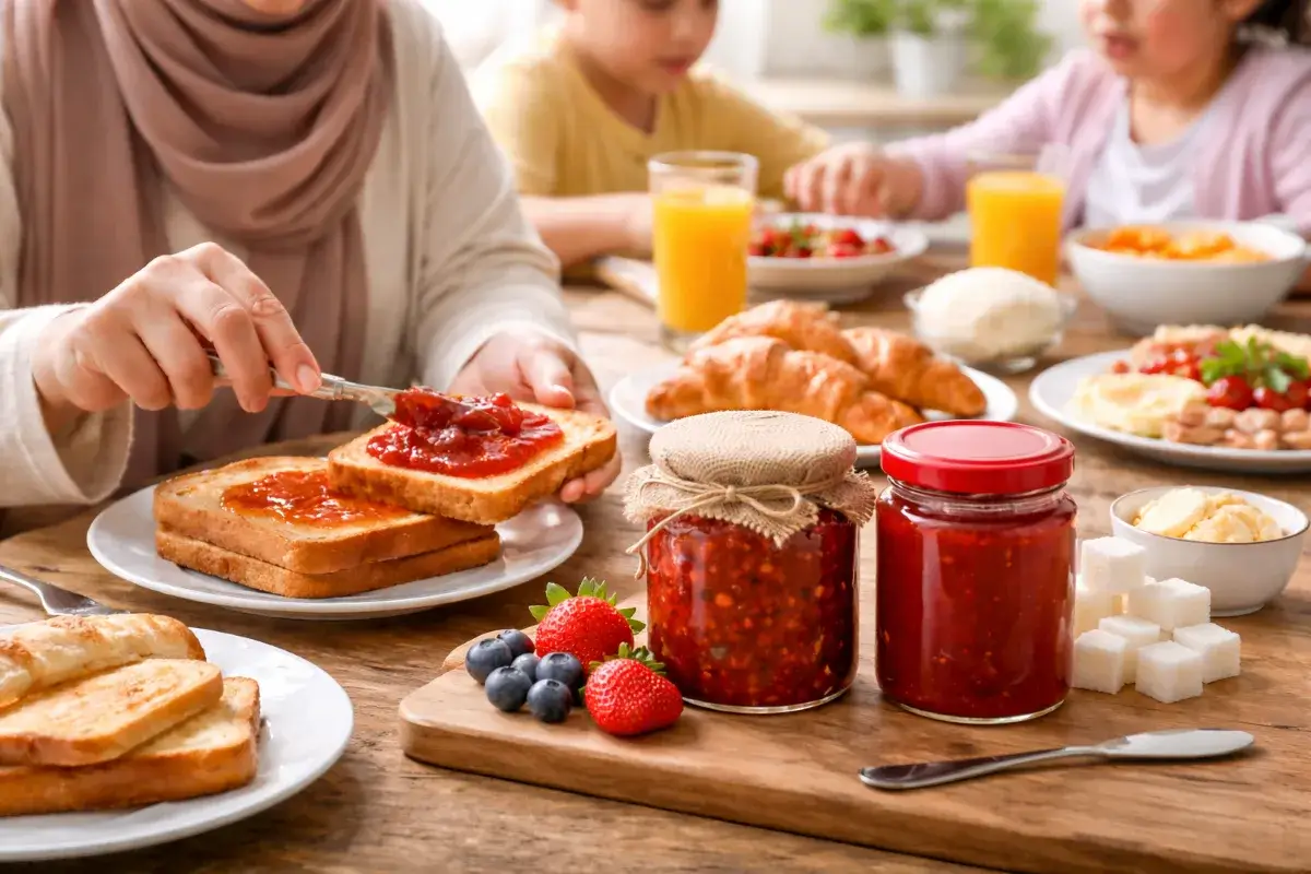استخدام المربى على مائدة إفطار عائلية في المنزل
