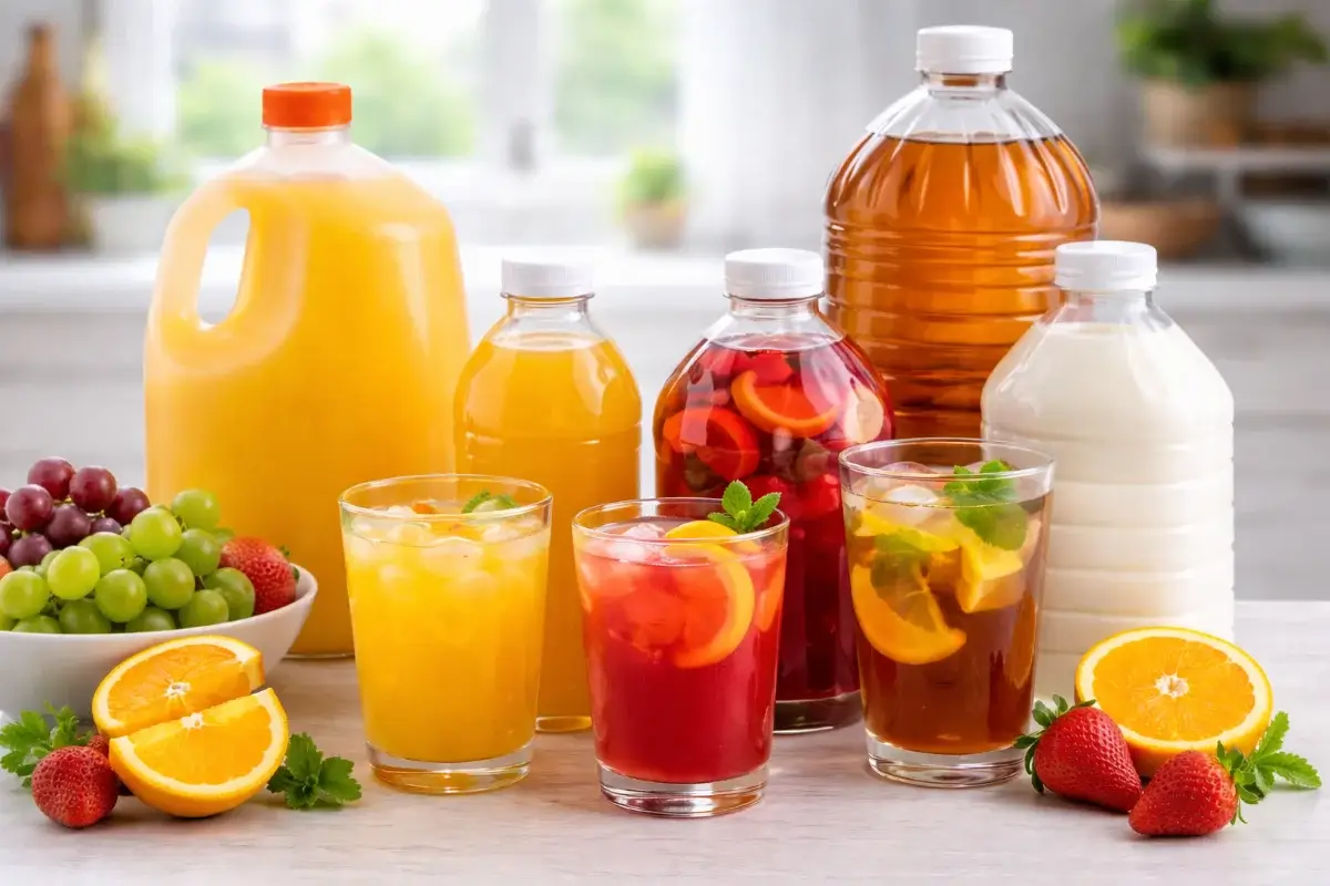 عبوات مشروبات بأحجام مختلفة موضوعة على طاولة منزلية لتوضيح فرق الحجم والاستهلاك العائلي