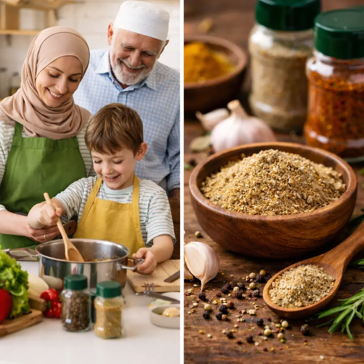 عائلة مسلمة تطبخ في المطبخ مع خلطات بهارات معتدلة مناسبة للأطفال وكبار السن