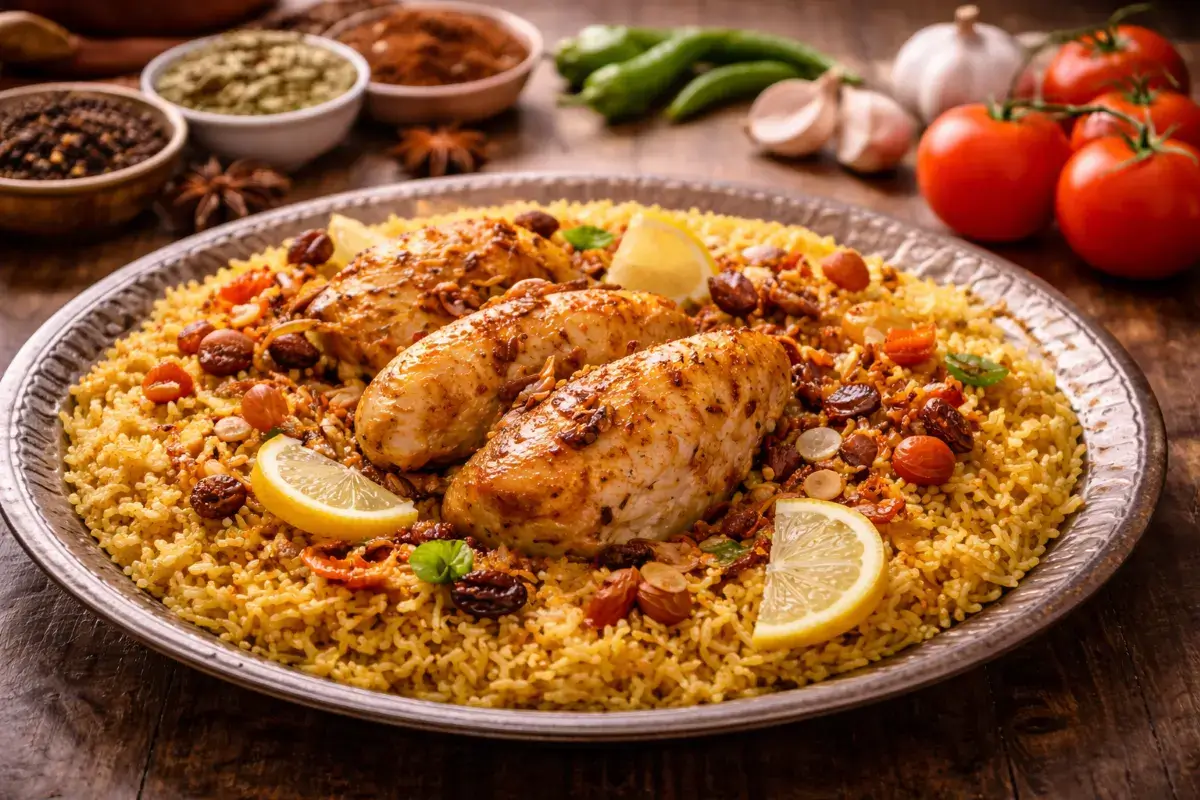 طبق كبسة أرز بالدجاج مطهو ومقدم بأسلوب تقليدي على مائدة منزلية