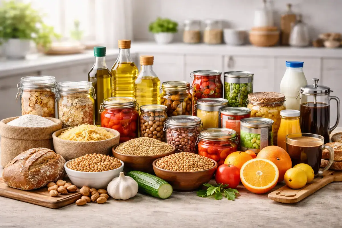 تنظيم فئات مستلزمات غذائية منزلية تشمل حبوب وزيوت ومعلبات ومشروبات على طاولة مطبخ