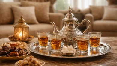 تقديم الشاي في مجلس سعودي رسمي مع أكواب زجاجية وإبريق تقليدي