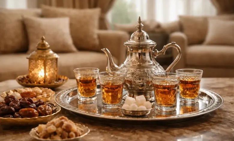 تقديم الشاي في مجلس سعودي رسمي مع أكواب زجاجية وإبريق تقليدي