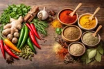 بهارات طازجة كاملة وبجانبها بهارات مطحونة موضوعة على سطح خشبي