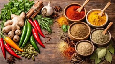 بهارات طازجة كاملة وبجانبها بهارات مطحونة موضوعة على سطح خشبي