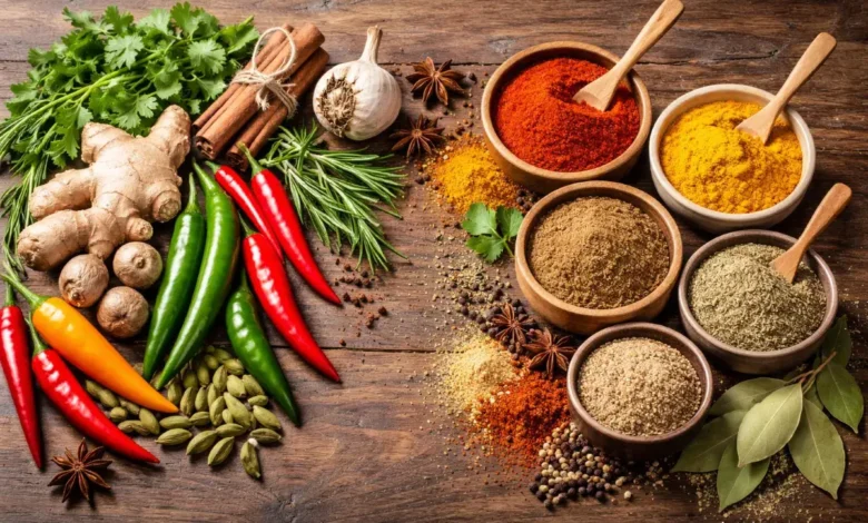 بهارات طازجة كاملة وبجانبها بهارات مطحونة موضوعة على سطح خشبي