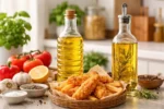 زيت القلي والزيت متعدد الاستخدامات في مطبخ منزلي مع أطعمة مقلية ومكونات طبخ يومية