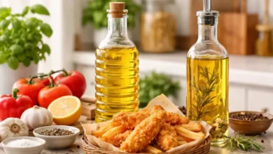 زيت القلي والزيت متعدد الاستخدامات في مطبخ منزلي مع أطعمة مقلية ومكونات طبخ يومية
