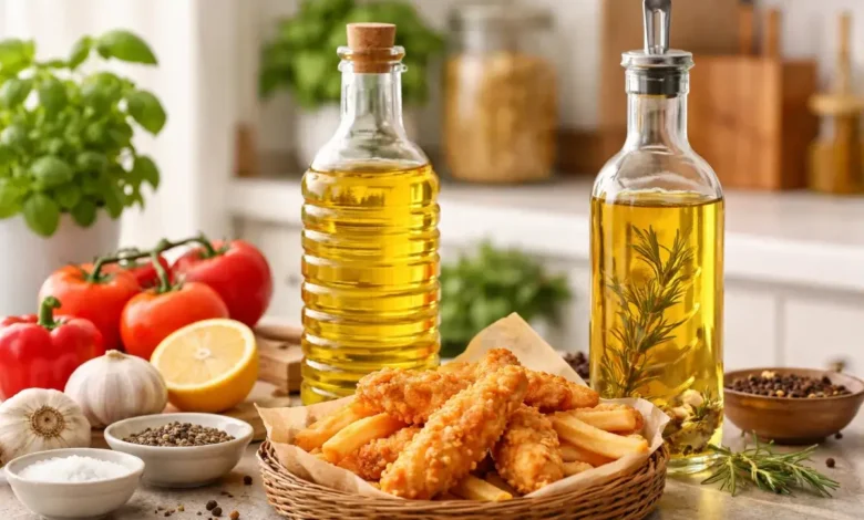زيت القلي والزيت متعدد الاستخدامات في مطبخ منزلي مع أطعمة مقلية ومكونات طبخ يومية