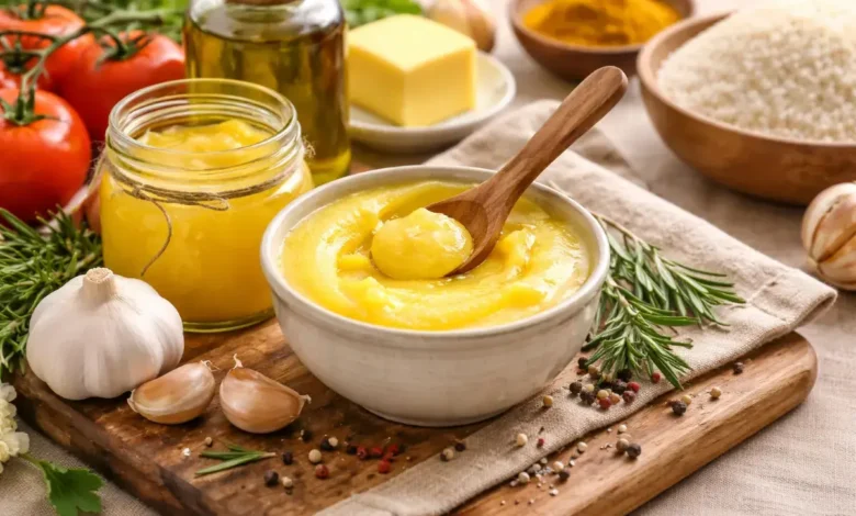 سمن طبيعي مستخدم في الطبخ المنزلي مع مكونات مطبخ يومية