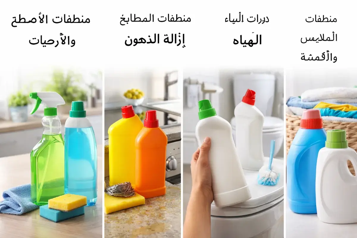 أنواع مختلفة من المنظفات المنزلية حسب الاستخدام اليومي داخل المنزل