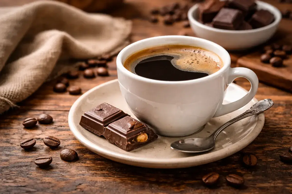 فنجان قهوة منزلي مع قطعة شوكولاتة في مشهد بسيط يعكس تجربة يومية هادئة