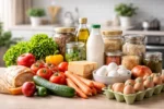 مستلزمات غذائية أساسية متنوعة مرتبة على طاولة مطبخ تشمل خضروات طازجة وحبوب ومنتجات يومية للعائلة