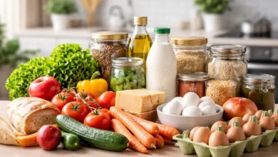 مستلزمات غذائية أساسية متنوعة مرتبة على طاولة مطبخ تشمل خضروات طازجة وحبوب ومنتجات يومية للعائلة