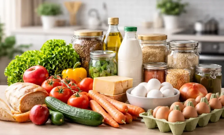 مستلزمات غذائية أساسية متنوعة مرتبة على طاولة مطبخ تشمل خضروات طازجة وحبوب ومنتجات يومية للعائلة