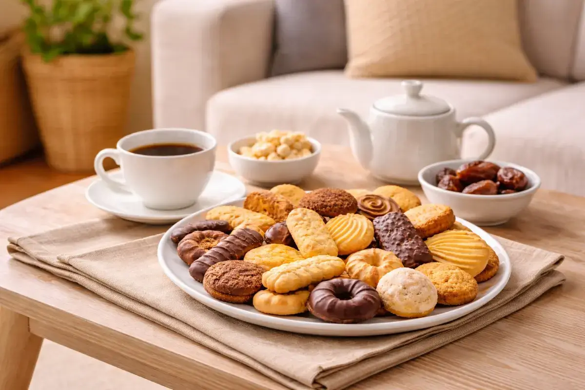 جلسة ضيافة منزلية بسيطة مع قهوة وبسكويت مقدم للضيوف