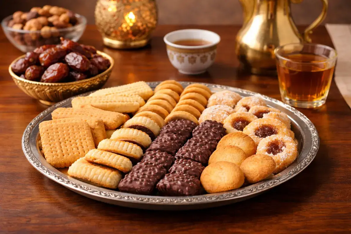 بسـكويت ضيافة مرتبة على طبق مع القهوة العربية والشاي في منزل سعودي