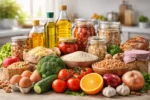 مستلزمات غذائية منزلية متنوعة تشمل حبوب وخضروات وزيوت على طاولة مطبخ منزل سعودي