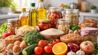 مستلزمات غذائية منزلية متنوعة تشمل حبوب وخضروات وزيوت على طاولة مطبخ منزل سعودي