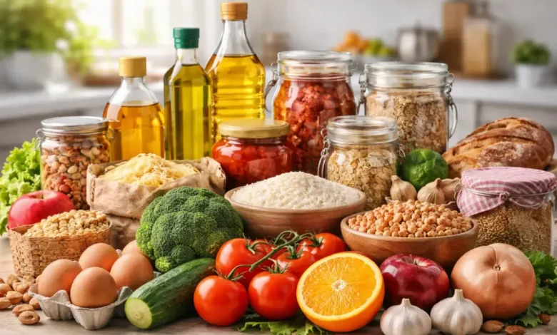مستلزمات غذائية منزلية متنوعة تشمل حبوب وخضروات وزيوت على طاولة مطبخ منزل سعودي