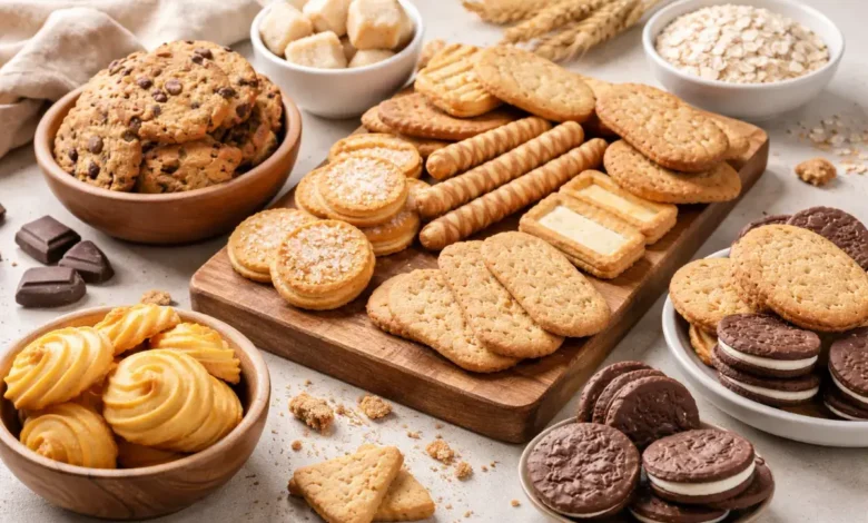 تشكيلة من أنواع البسكويت توضح اختلاف القوام والمكونات