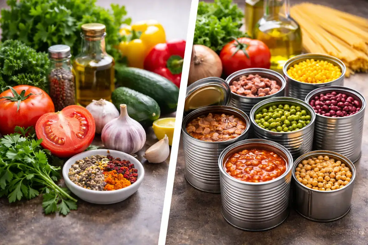 مقارنة بين مكونات طازجة وفواكه وخضروات مع عبوات معلبة تحتوي على الحبوب والفاصوليا.