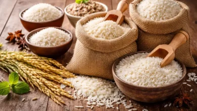 أنواع مختلفة من الأرز الأبيض وحبوب الأرز الخام موضوعة في أوعية وأكياس على سطح خشبي