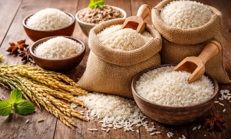 أنواع مختلفة من الأرز الأبيض وحبوب الأرز الخام موضوعة في أوعية وأكياس على سطح خشبي