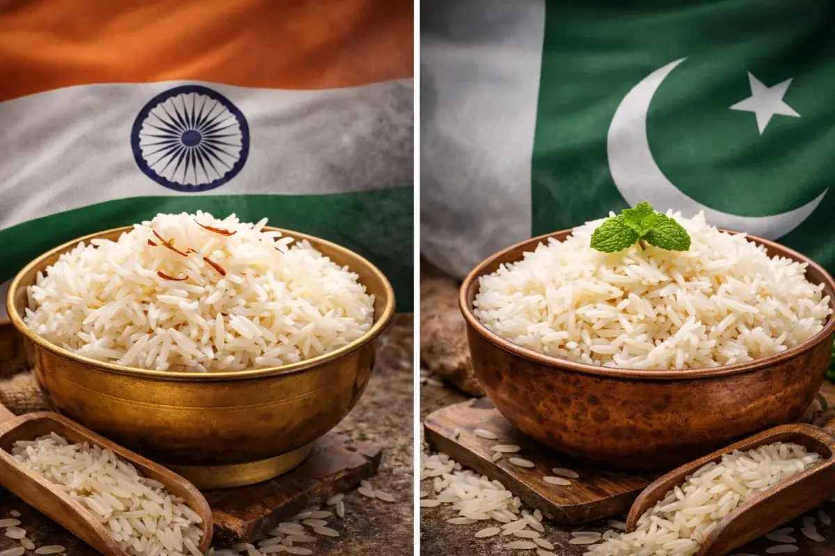 شكل الأرز البسمتي الهندي والباكستاني بعد الطهي والمقارنة بين الحبتين