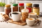 مشروبات قهوة جاهزة بأشكال مختلفة مع عبوات قهوة فورية على طاولة مطبخ