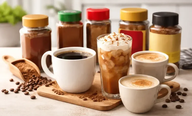 مشروبات قهوة جاهزة بأشكال مختلفة مع عبوات قهوة فورية على طاولة مطبخ