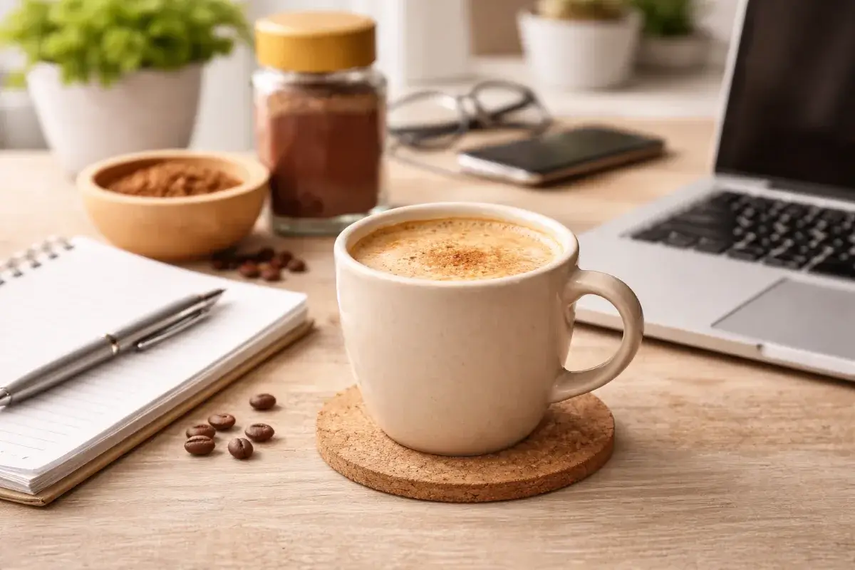 كوب قهوة جاهزة على مكتب عمل بجانب لابتوب ودفتر ملاحظات