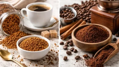 مقارنة بصرية بين القهوة الفورية والقهوة المطحونة من حيث الشكل وطريقة التحضير