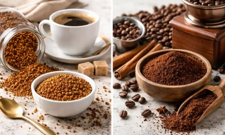 مقارنة بصرية بين القهوة الفورية والقهوة المطحونة من حيث الشكل وطريقة التحضير