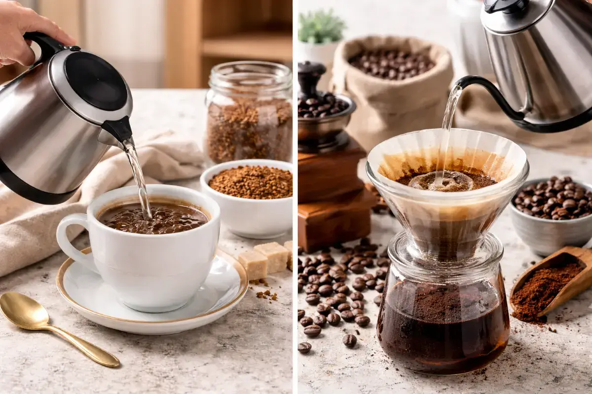 مقارنة بصرية بين تحضير القهوة الفورية وتحضير القهوة المطحونة في الروتين اليومي