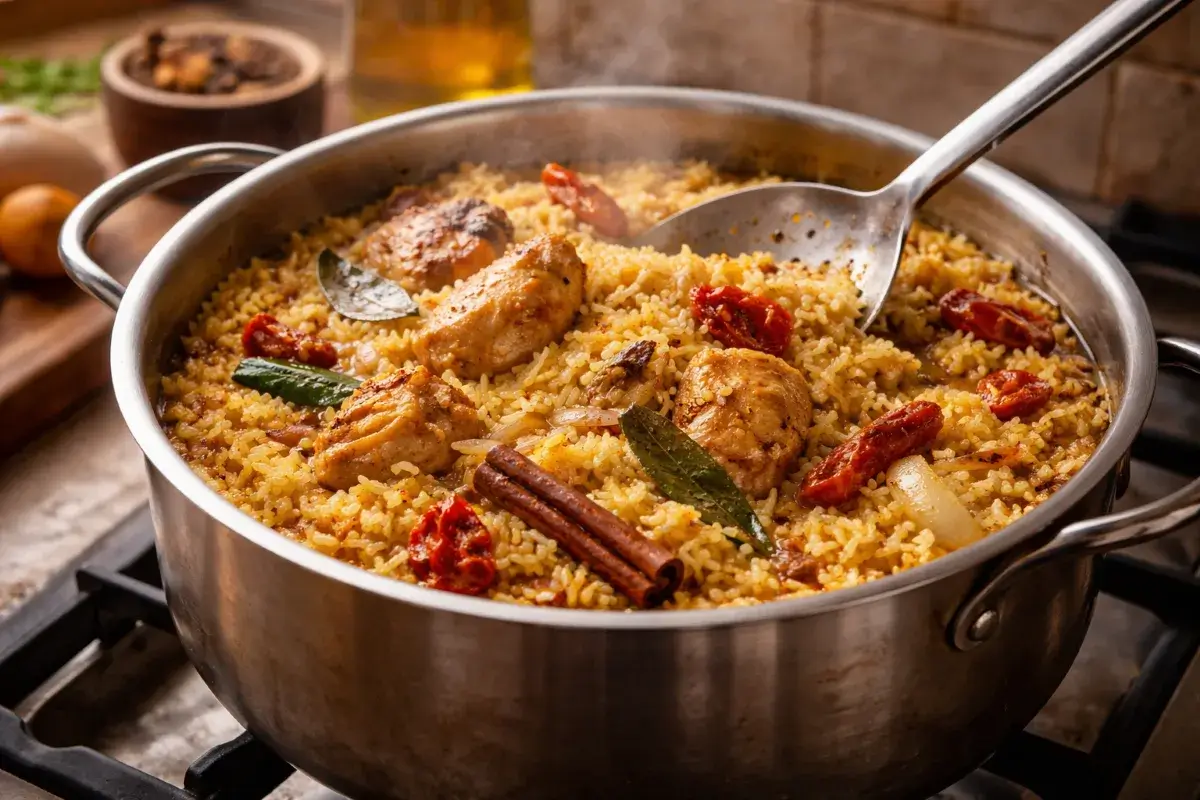 قدر كبسة على نار هادئة أثناء الطهي مع الأرز واللحم