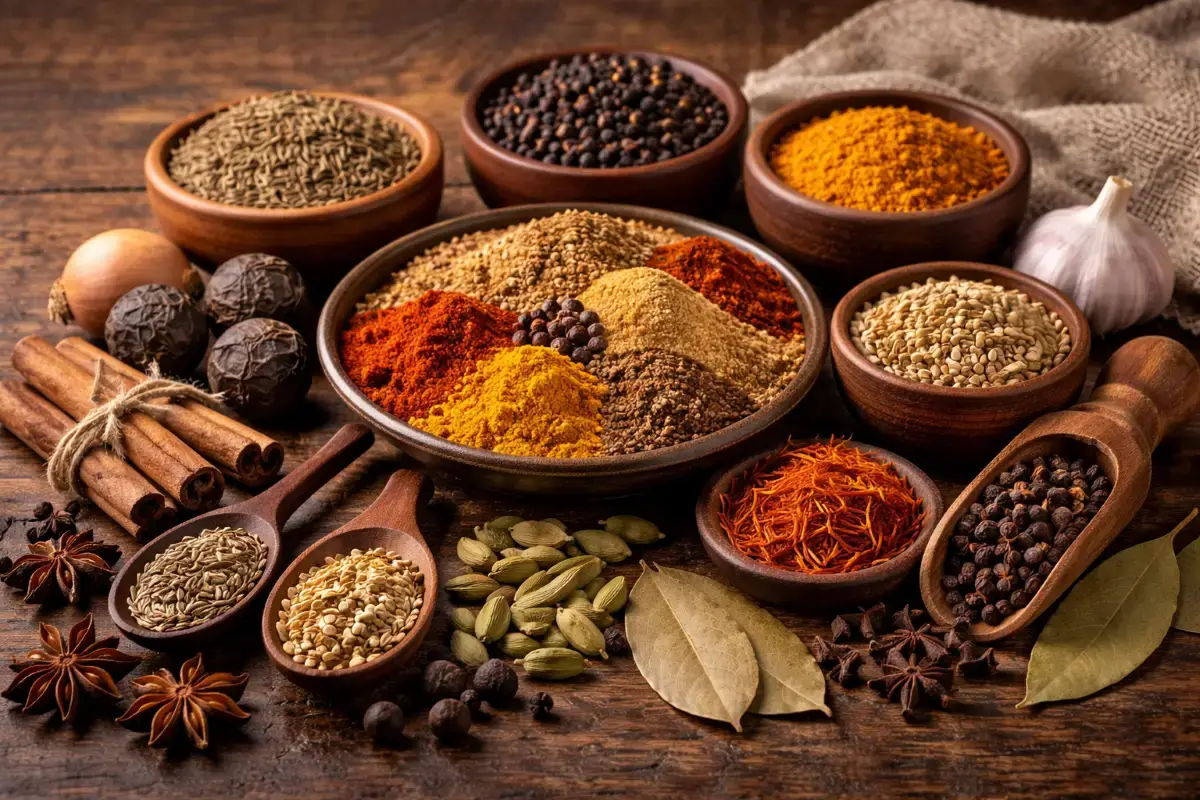مكونات بهارات الكبسة الكاملة والمطحونة المستخدمة للطهي اليومي