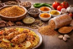 طبق كبسة أرز مع بهارات متنوعة مطحونة وكاملة على سطح مطبخ تقليدي