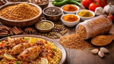 طبق كبسة أرز مع بهارات متنوعة مطحونة وكاملة على سطح مطبخ تقليدي