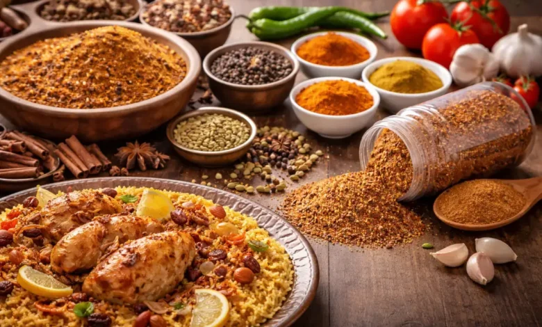 طبق كبسة أرز مع بهارات متنوعة مطحونة وكاملة على سطح مطبخ تقليدي