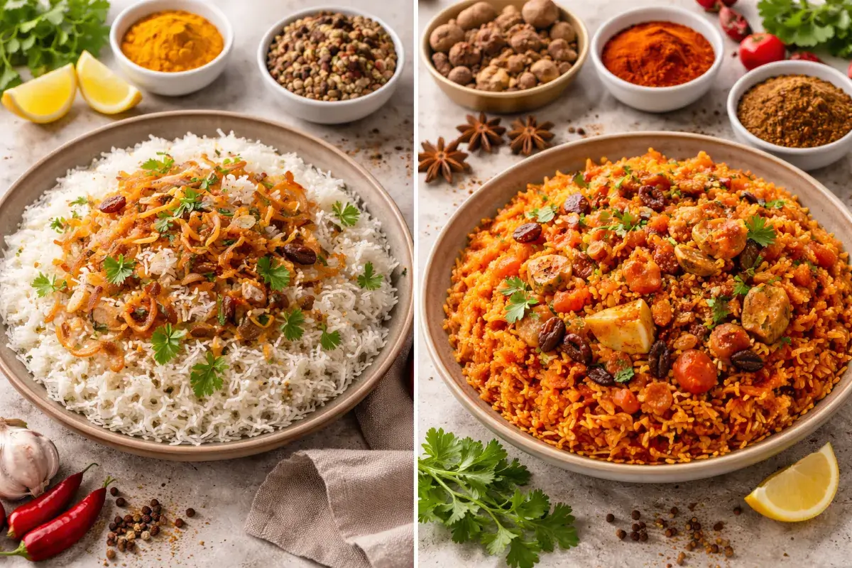 طبق أرز أبيض بنكهة خفيفة مقابل طبق أرز متبل بنكهات أقوى مع توابل متنوعة