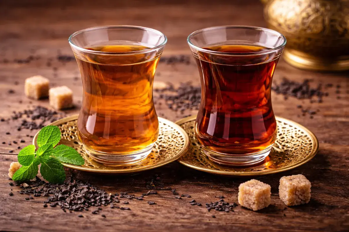 كوبان من الشاي الأسود بدرجتي لون مختلفتين يوضّحان الفرق بين الشاي الخفيف والقوي