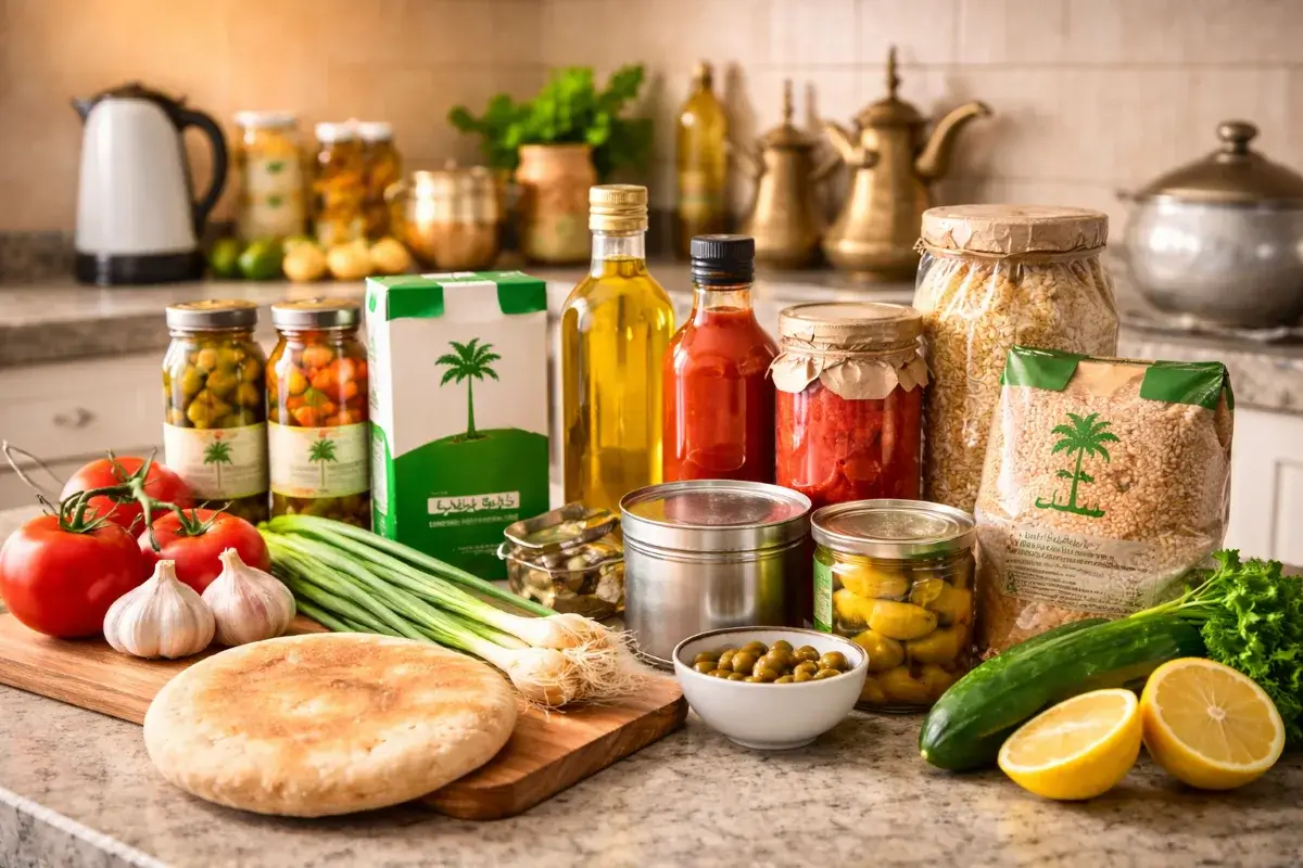 منتجات غذائية متنوعة على طاولة مطبخ منزلي سعودي تمثل الاستخدام اليومي